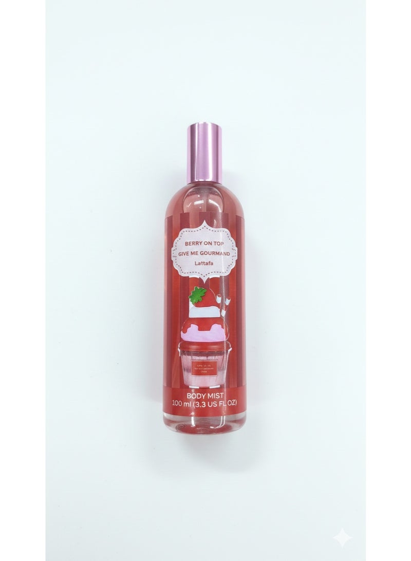 Lattafa Berry On Top "Give Me Gourmand" Body Mist for Women, 100ml (3.3 fl oz) – Long-Lasting Sweet Strawberry & Whipped Cream Fragrance Spray – Delicious Dessert Scent - Image 1